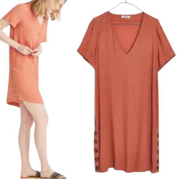 Madewell Terracotta Fall V Neck Side Button Casual Loose Shift Easy Dress SZ 2X - Picture 2 of 12